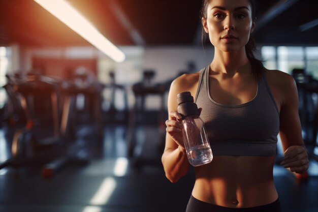 vrouw loopt op een loopband in de sportschool met een waterfles in de hand het belang van gehydrateerd blijven