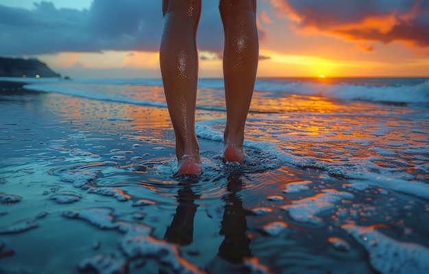 Vrouw loopt op het strand bij zonsondergang