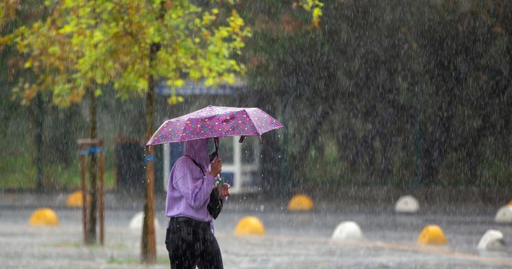 Vrouw loopt regenachtig weerxA