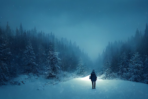 Vrouw lopen op een pad in een mysterieus donker bos bedekt met mist Stock Illustratie Jonge eenzame vrouw in het bos 's nachts