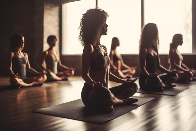 Foto vrouw lotus klasse oefening persoon stress groep fitness pose yoga meditatie generatieve ai