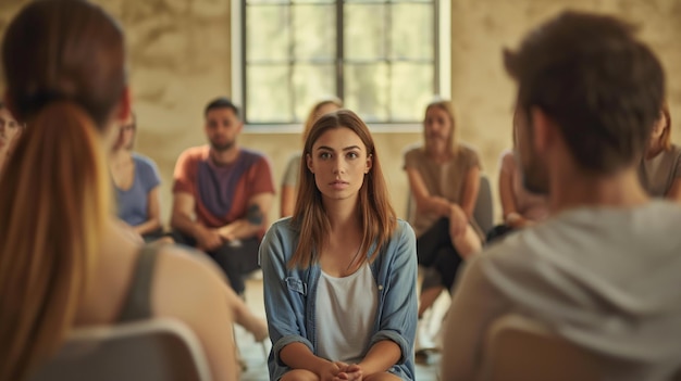 Vrouw luistert aandachtig in een cirkel van zittende individuen groepstherapie