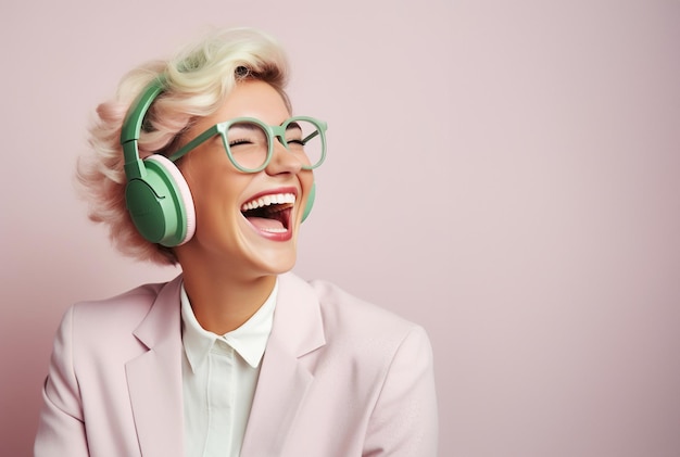 Vrouw luistert naar een audioboek op een koptelefoon Groen en roze Streamingdienst Generatieve AI