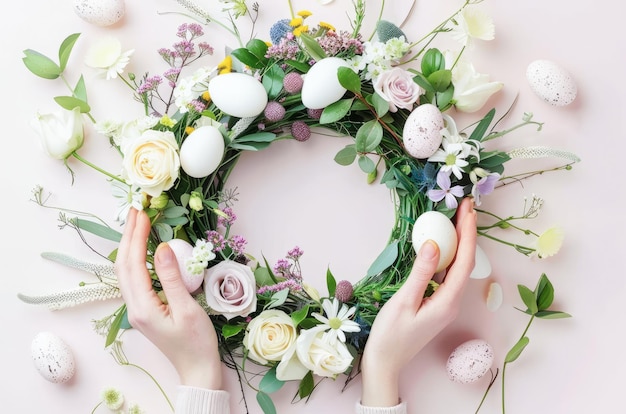 Foto vrouw maakt een bloemenkrans met een voorjaarsthema met paasversieringen