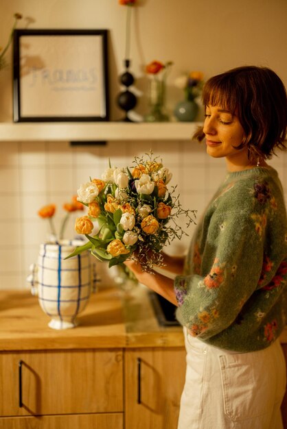 Vrouw maakt een boeket bloemen op keuken