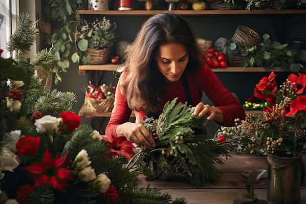 Vrouw maakt traditionele kerstkrans van groenblijvende takken poinsettia dennenappels bij haar bloemist