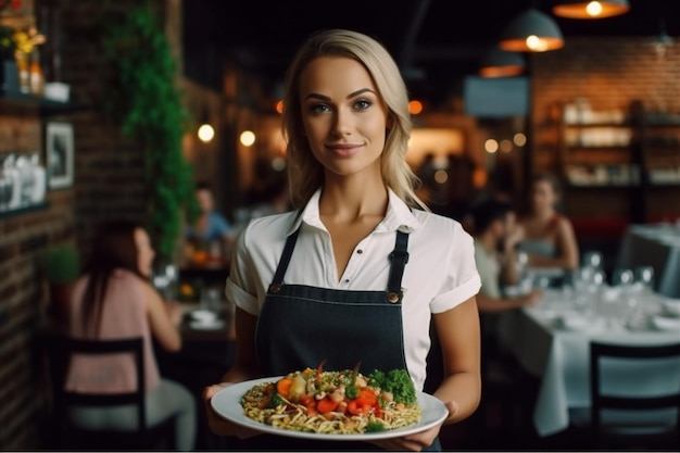 Vrouw maaltijd glimlach binnenshuis eten staande ober restaurant met portretbaan Generatieve AI