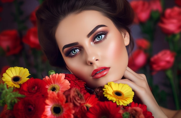 Vrouw make-up bloemen planten mode mooi genereren Ai