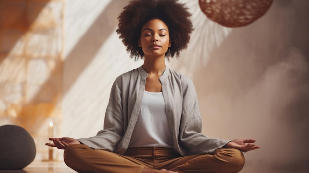 Vrouw meditatie en oefening thuis voor mindfulness en spiritualiteit aanbidding zittende positie diep