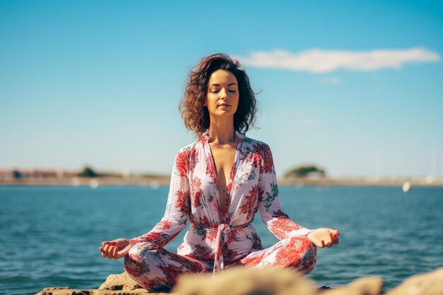 Vrouw mediteert bij een rustig meer met reflectie