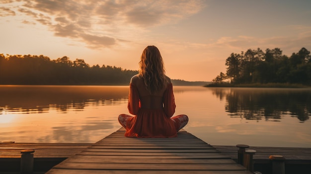 Foto vrouw mediteert op het meer bij zonsopgang