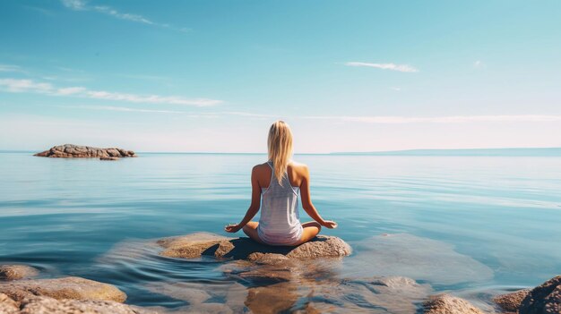 Vrouw mediteert op het zeestrand in lotuspositie Generatieve AI