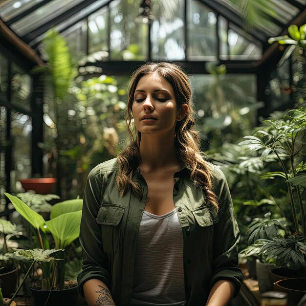 Vrouw mediteren in kas omgeven door planten