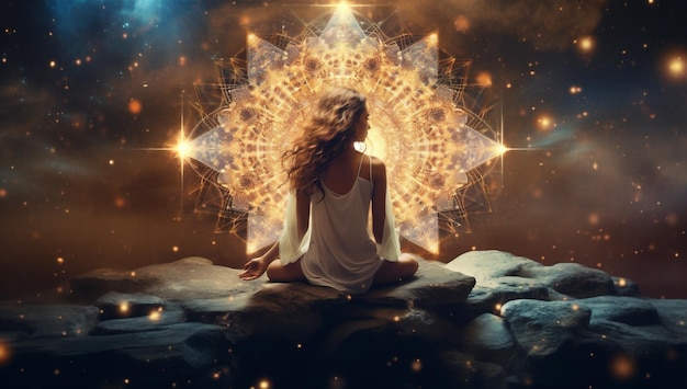 Vrouw mediterend universum zen ruimte vrouwelijke spiritualiteit ontspanning lotus silhouet yoga ster energie