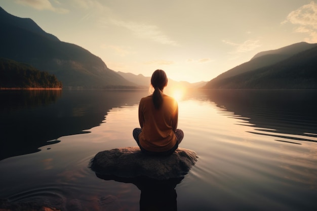 Vrouw meer meditatie Persoon ontspannen uitzicht Genereren Ai