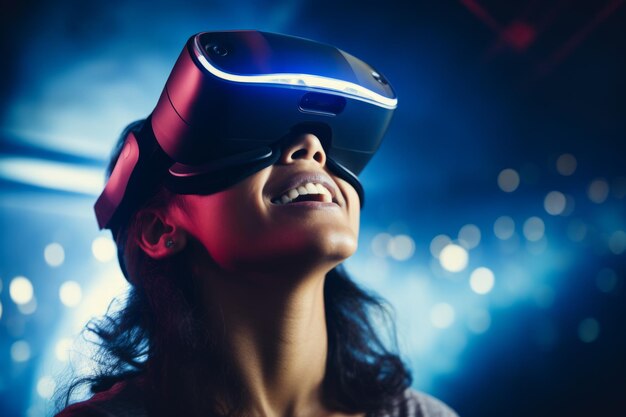 Vrouw meisje gamer dame vrouw computer technologie vr headset d virtual reality bril verkenning