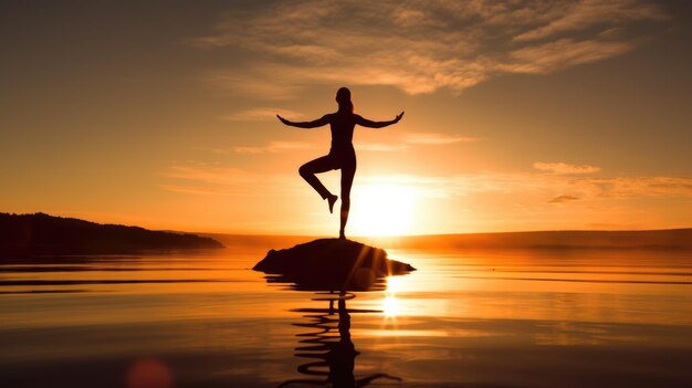 Vrouw met achtergrondverlichting in Yoga Pose in rustige zonsopgang Zen Generative AI beeld weber