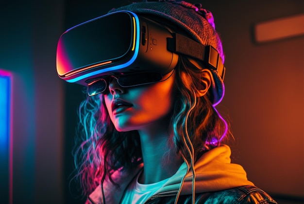 Vrouw met afbeelding van vr-headset gemaakt met generatieve ai-technologie