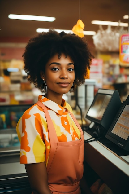 Vrouw met afro die in de winkel staat met een computer Generative AI