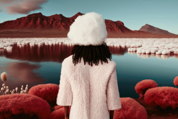 Vrouw met afrohaar in een roze pluizige modejas en witte hoed in het prachtige landschap met rode bergen, meer en surrealistische pluizige planten abstracte natuur Gemaakt met generatieve AI