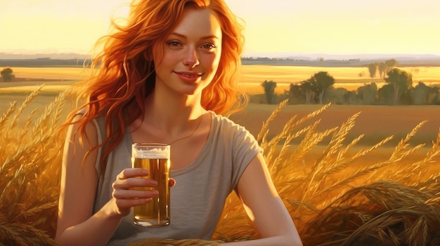 Vrouw met bier in het veld