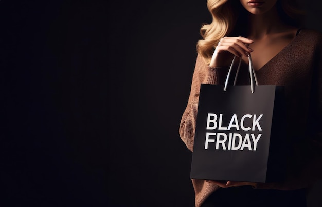 Vrouw met Black Friday-uitverkoopboodschappentas bij weinig licht