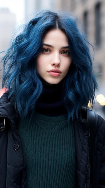 Vrouw met blauw haar die op straat staat