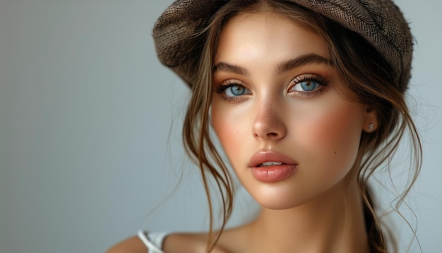 Vrouw met blauwe ogen die een hoed draagt