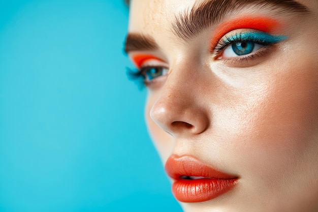 Vrouw met blauwe ogen en rode oranje en blauwe make-up op haar gezicht staart rechtstreeks naar de camera