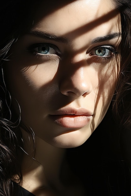 Vrouw met blauwe ogen en zwarte achtergrond wordt getoond Generatieve AI