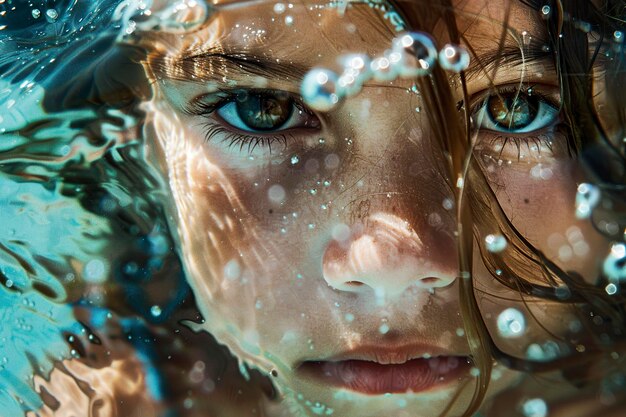 Vrouw met blauwe ogen onder water