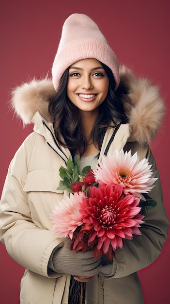 Vrouw met bloemboeket bloemist in de winter