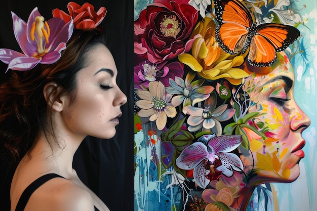 Vrouw met bloemen in haar en schilderen van vrouwen gezicht Generatieve AI