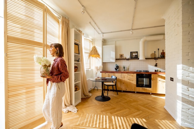 Vrouw met bloemen in zonnig appartement