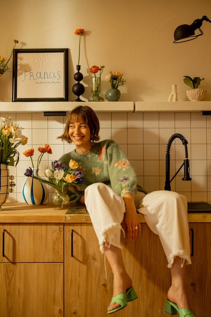 Vrouw met bloemen op keuken