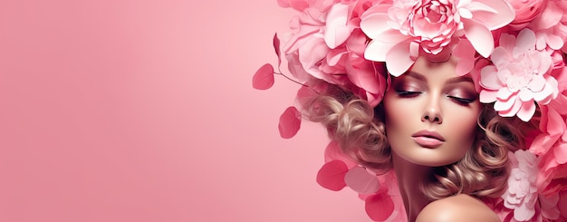 Vrouw met bloemen over haar hoofd op roze achtergrond
