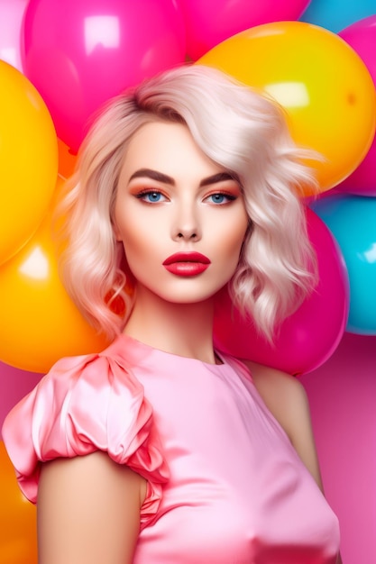 Vrouw met blond haar en blauwe ogen, gekleed in roze jurk voor ballonnen Generatieve AI