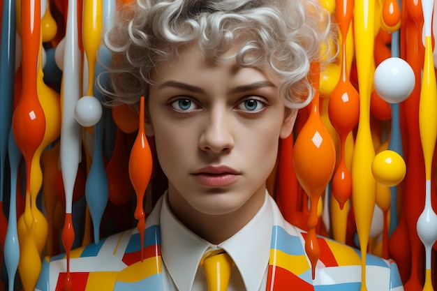 Vrouw met blond haar en gele das voor een bos oranje en witte ballonnen Generatieve AI
