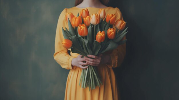 vrouw met boeket verse heldere tulpen