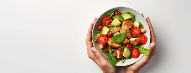 Foto vrouw met bord met tomatensalade