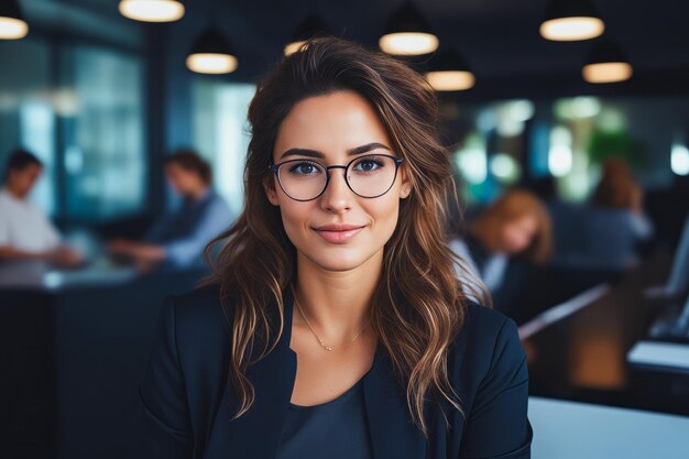 Vrouw met bril glimlacht voor de camera in restaurant Generative AI