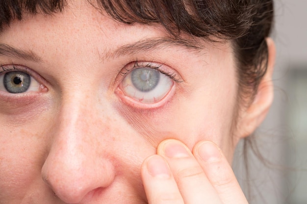 Vrouw met cataract op oog- en cornea-troebelheid