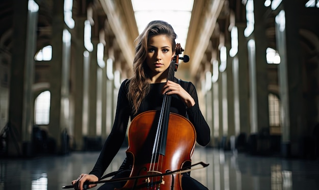 Vrouw met cello in het gebouw