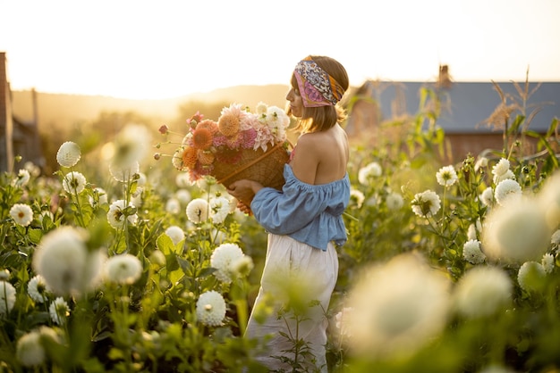 Vrouw met dahlia's op bloemenboerderij