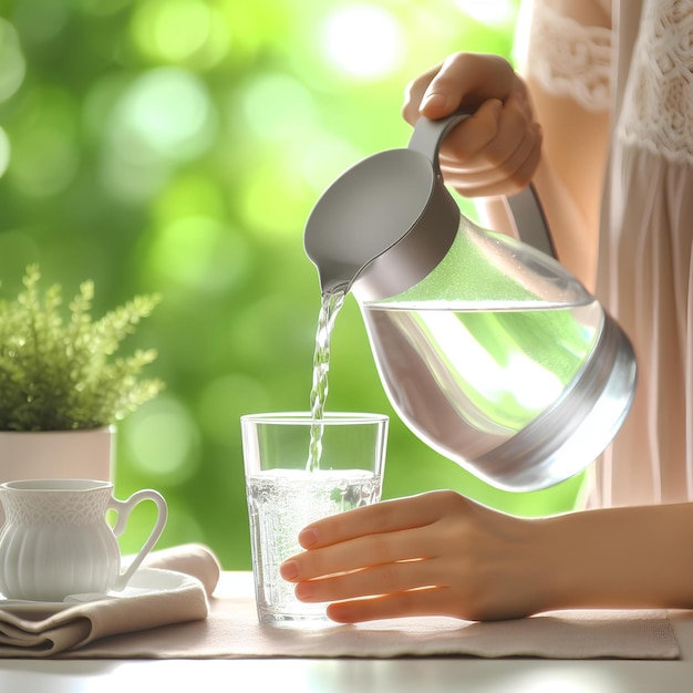 Vrouw met de hand die vers water uit een kruik in een glas giet op een witte, wazige achtergrond