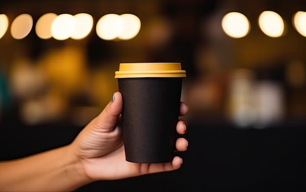 Vrouw met de hand houdt een papieren koffiebeker op de achtergrond van een koffiewinkel of restaurant