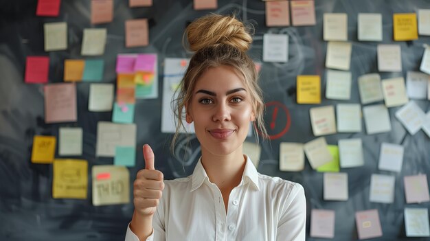 Vrouw met duim omhoog voor de muur met kleverige notities