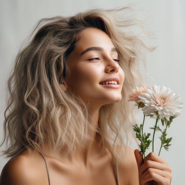 Vrouw met een bloem in de hand