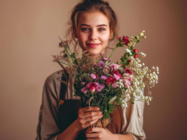 Vrouw met een boeket bloemen in de handen