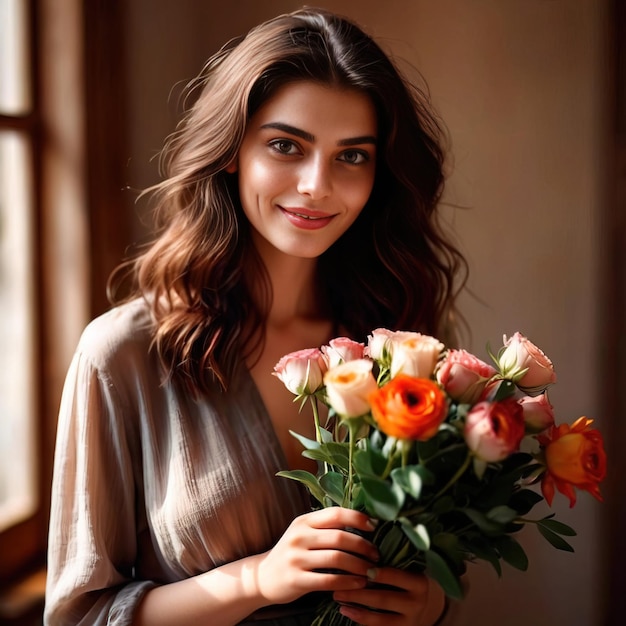 Vrouw met een boeket bloemen voor het delen van een gebaar van romantische liefde voor Valentijnsdag